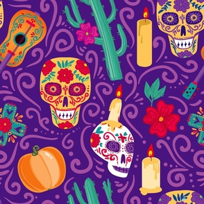 Folklorico Mariachi Sugar Skulls Cacti and Pumpkins on Purple Halloween Novelty