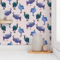 Eclectic Guinea Fowl Flock on Dusty Pink Background, Large Scale Print