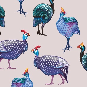 Eclectic Guinea Fowl Flock on Dusty Pink Background, Large Scale Print