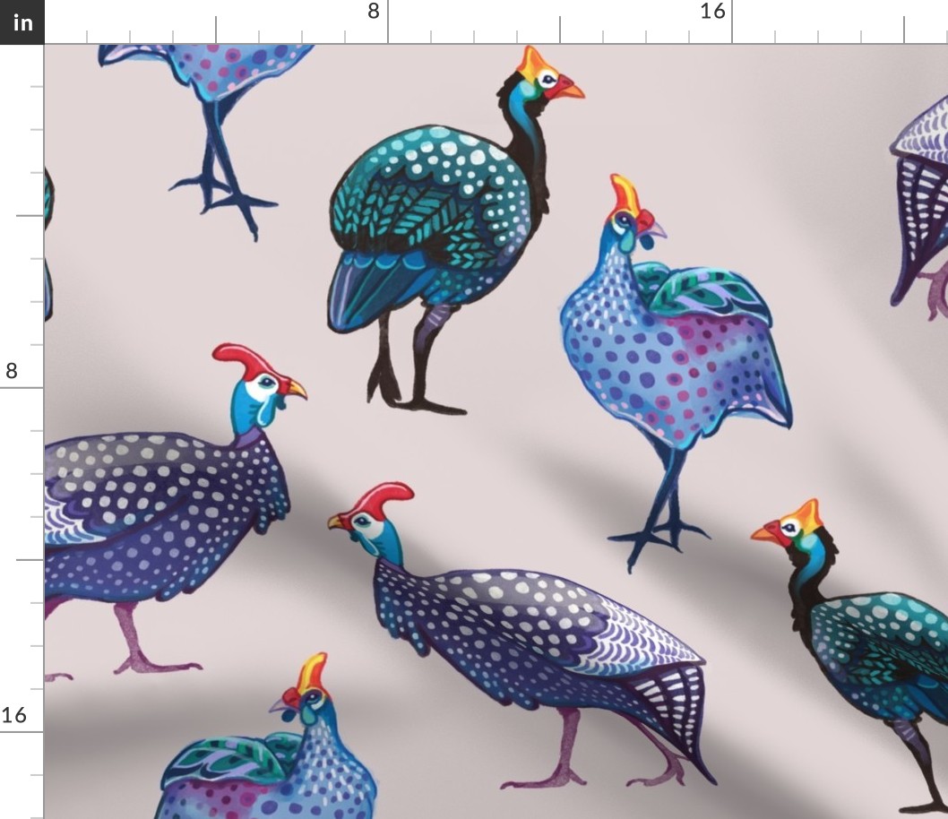Eclectic Guinea Fowl Flock on Dusty Pink Background, Large Scale Print