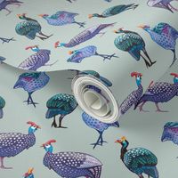 Eclectic Guinea Fowl Flock on Pale Green Background, Small Scale Print