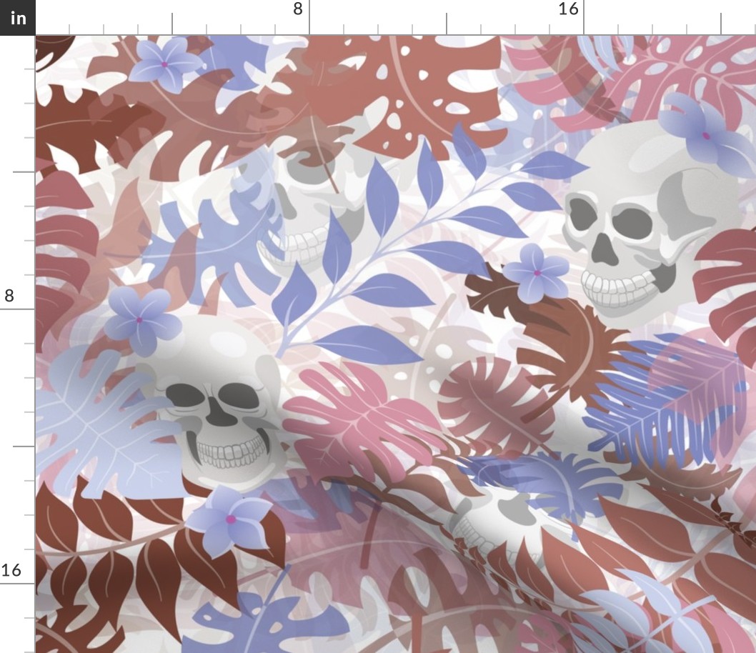 Tropical Skulls with Monstera Foliage in Muted Pastels Scary Halloween Novelty