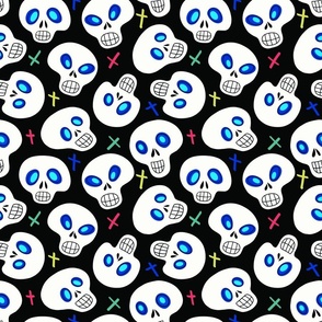 Ditsy Skulls Halloween Novelty with Scary Glowing  Blue Eyes and Crosses on Black