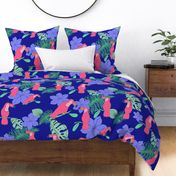 Tropical Toucans with palm and monstera leaves on blue background - Style 1 Large