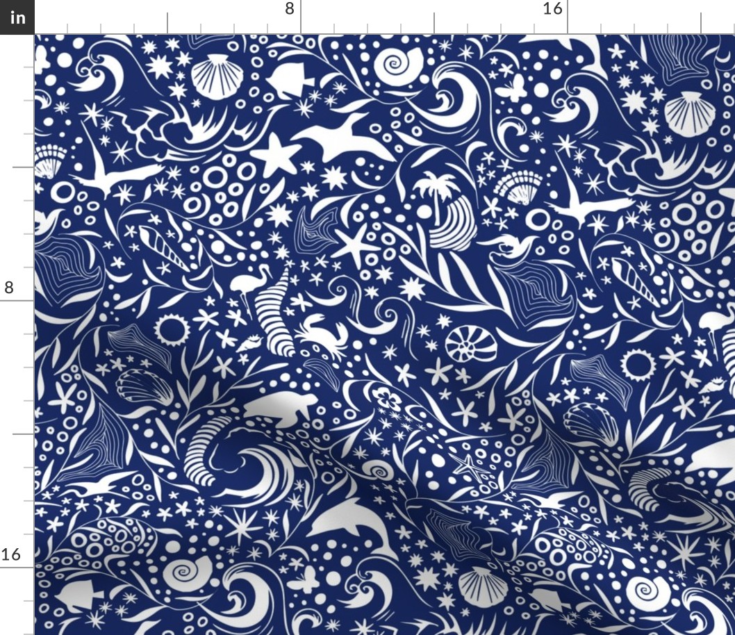 Blue Ocean Creatures in the Waves on Solid Blue Background