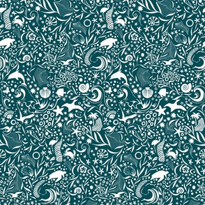 Teal Ocean Creatures Silhouette Patterns