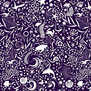 Purple Ocean Creatures Silouhouette Pattern