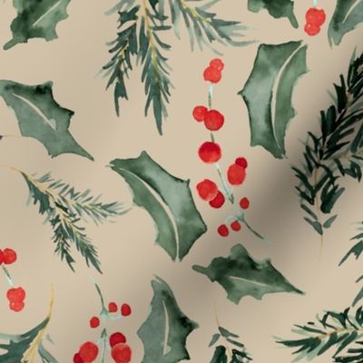 14" Medium  Vintage Holly Green cabincore vintage christmas Florals And Mistletoe on Sand 