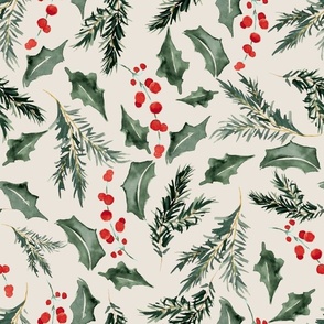 14" Medium  Vintage Holly Green cabincore vintage christmas Florals And Mistletoe on beige
