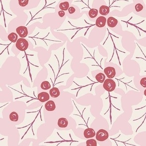 547 - Large scale Winter Holly and Berries in pretty monochromatic pink for festive table settings, Christmas decor, Christmas placemats, xmas cushions, tree skirts and cute kids festive pjs.