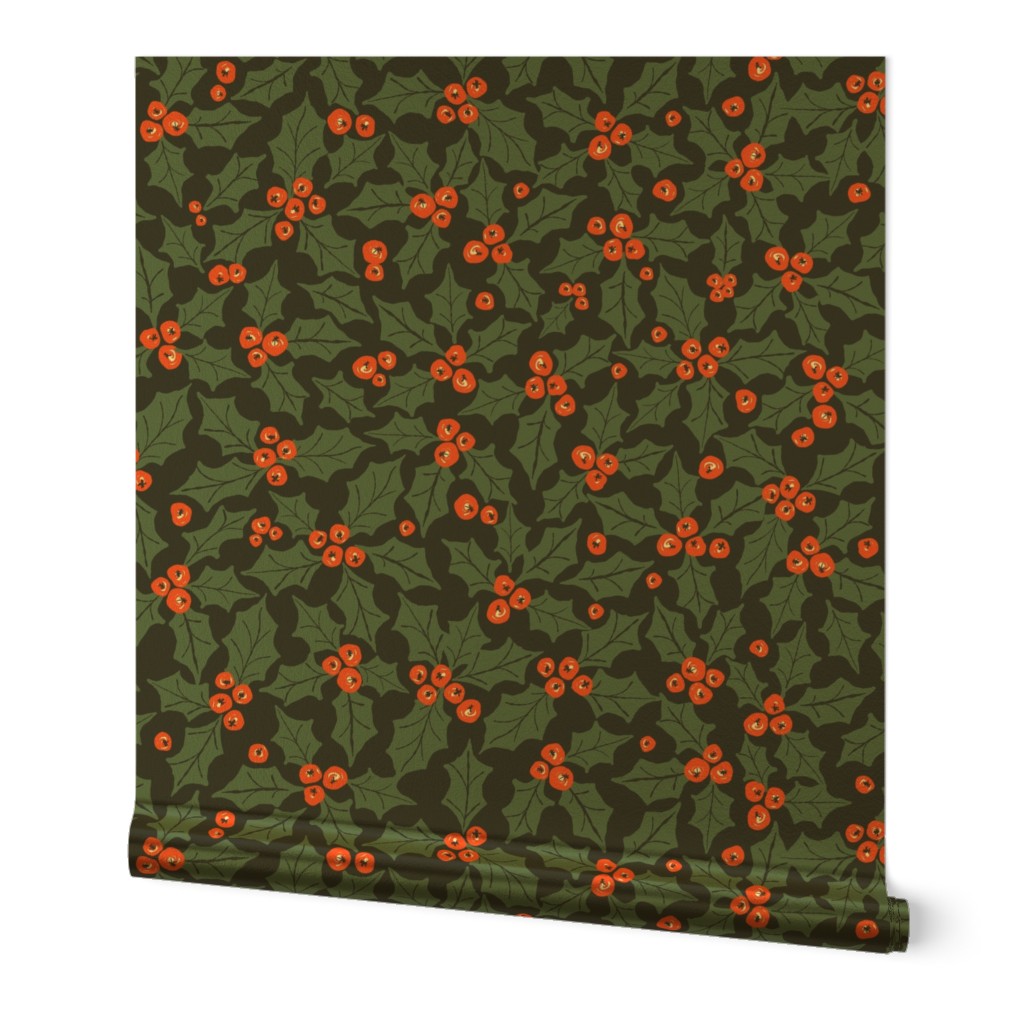 547 - Large  scale Holly and berries for Christmas decor, festive crafts, orange berries and sage green leaves,  for cute kids xmas apparel and  crafts. Great for tea towels, tablecloths, Christmas placemats, Xmas table runners, and home decor for the fes
