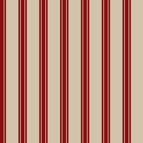10" Vertical Dark Red  vintage christmas Stripes on Sand Beige