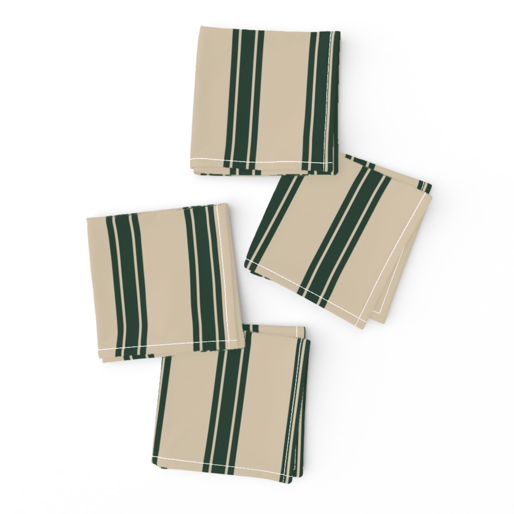 10" Vertical Dark Green vintage christmas Stripes on Sand Beige