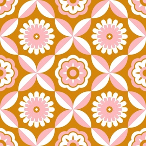 Large scale • Mustard and pink retro flowers