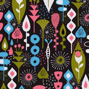 Mid Mod Retro flowers and plants in blue, pink, green on a black background
