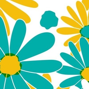 Daisy-A-Go-Go - Retro Floral Aqua Yellow Large Scale