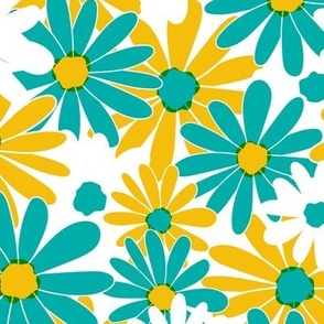 Daisy-A-Go-Go - Retro Floral Aqua Yellow Regular Scale