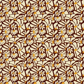 Retro Whimsy Daisy- Flower Power on Brown- Eggshell Floral- Small Scale
