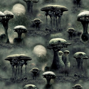 Creepy dark alien mushrooms on distant planets - military green