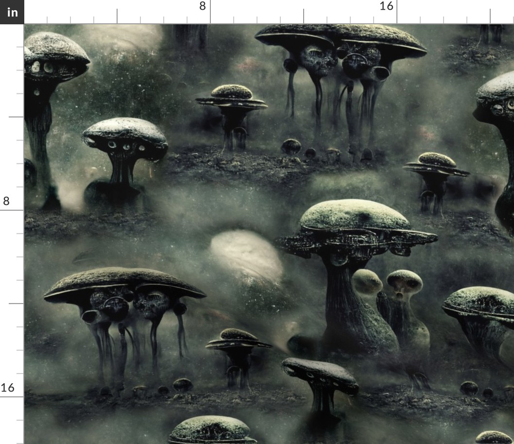 Creepy dark alien mushrooms on distant planets - military green