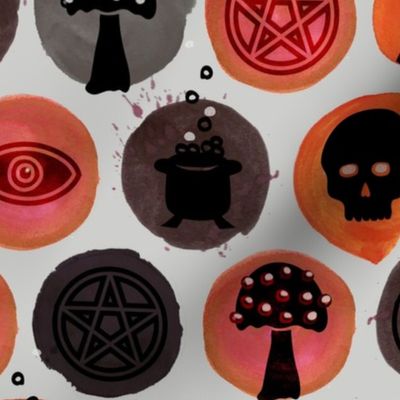 Eclectic Witch Pattern with Watercolor Circles for Halloween