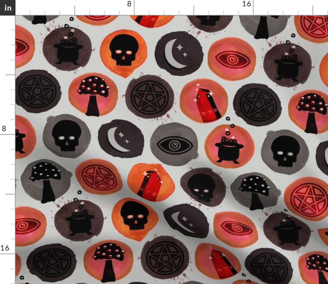 Eclectic Witch Pattern with Watercolor Circles for Halloween