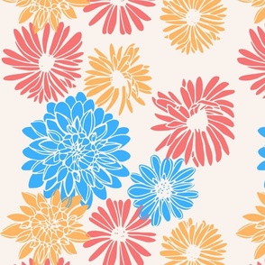 Retro Floral, Hand-Drawn Petals in Pink, Orange, and Blue