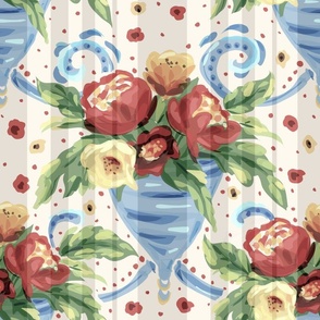 Vintage Stripe Floral Bouquet - Retro Floral Curtains 