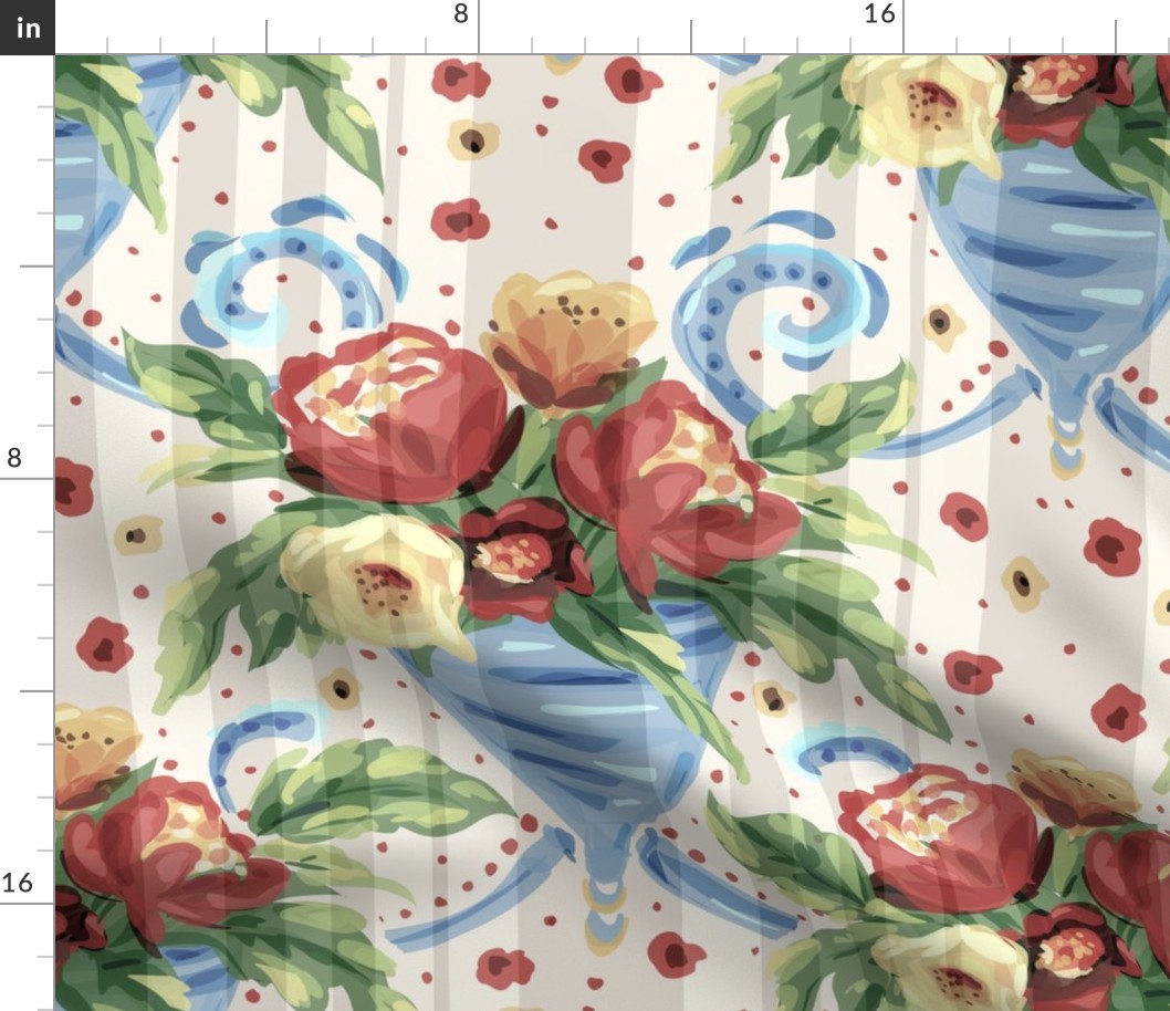 Vintage Stripe Floral Bouquet - Retro Floral Curtains 