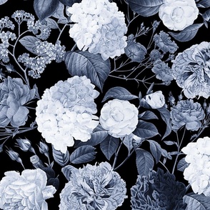 retro floral blue monotone on dark background