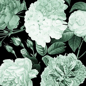 retro floral  green monotone on dark background