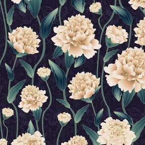 peonies art nouveau, cream on blue