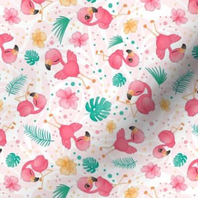 Medium Scale Pink Watercolor Flamingos and Minty Tropical Leaves on White