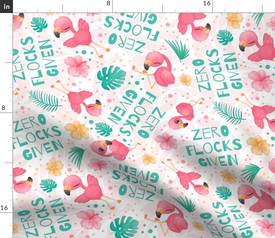 Large Scale Zero Flocks Given Pink Watercolor Flamingos and Minty Tropical Leaves on White