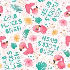 Medium Scale Zero Flocks Given Pink Watercolor Flamingos and Minty Tropical Leaves on White