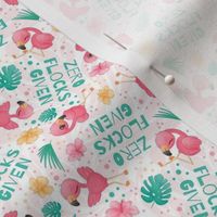 Small Scale Zero Flocks Given Pink Watercolor Flamingos and Minty Tropical Leaves on White
