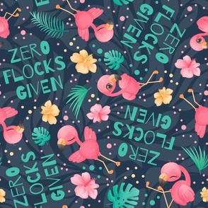 Large Scale Zero Flocks Given Pink Watercolor Flamingos and Minty Tropical Leaves on Navy