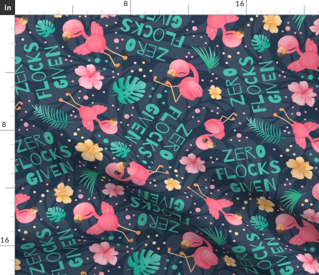 Large Scale Zero Flocks Given Pink Watercolor Flamingos and Minty Tropical Leaves on Navy