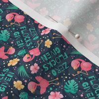 Small Scale Zero Flocks Given Pink Watercolor Flamingos and Minty Tropical Leaves on Navy