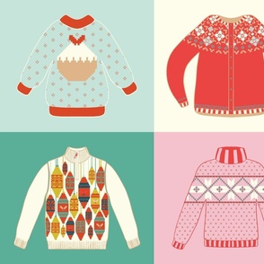 Ugly Christmas Sweaters: Snowflakes, Christmas pudding, ornaments, poinsettias