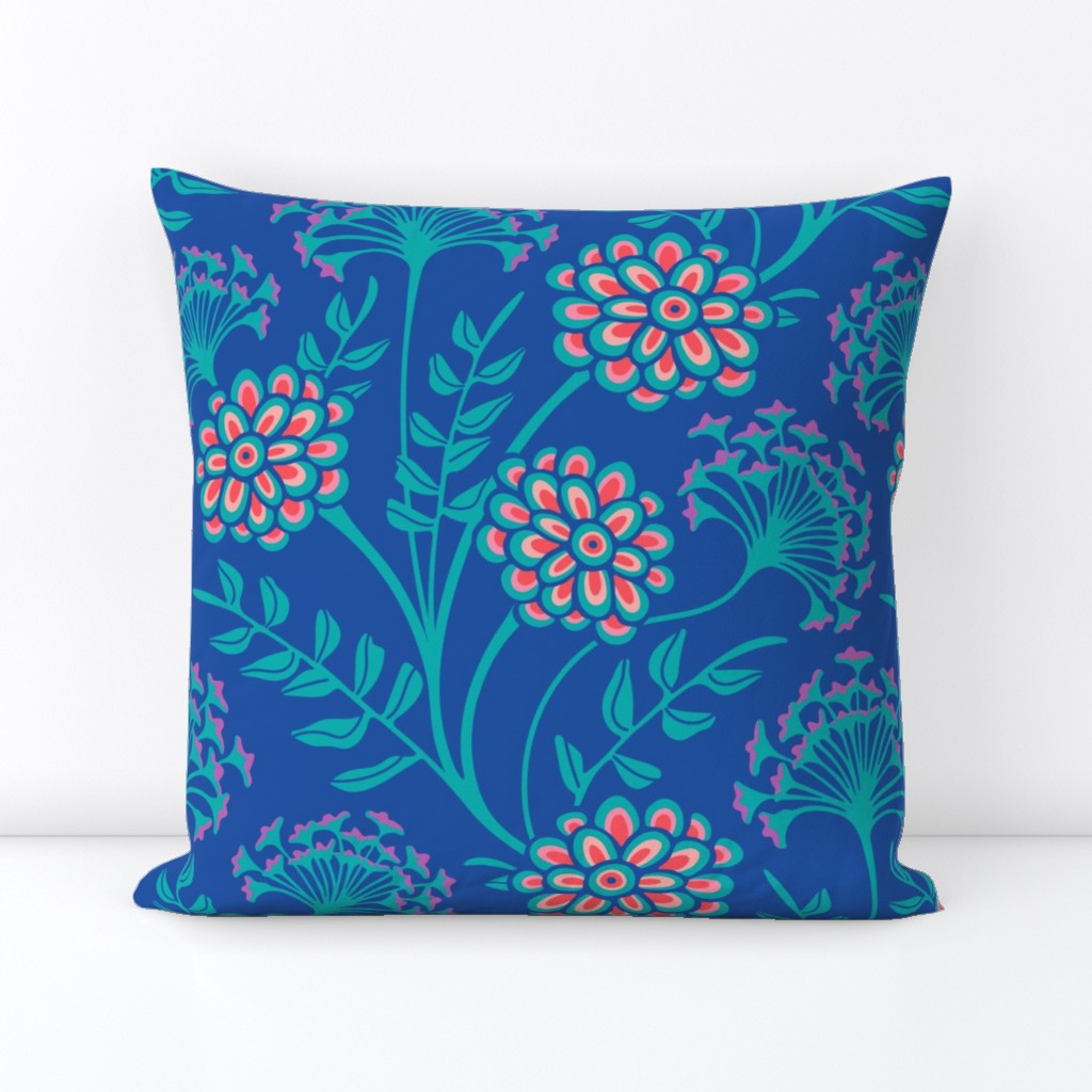 Danube Retro Vintage Zinnia Cow Parsley Floral in Turquoise Pink Red Purple on Royal Blue - MEDIUM Scale - UnBlink Studio by Jackie Tahara