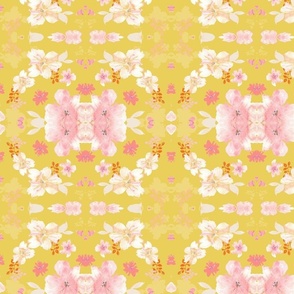 Peachy Pink Flowers on Marigold Yellow