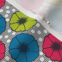 Colorful Poppies on Stripes and Polka Dots in Blue Pink Green