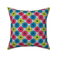 Colorful Poppies on Stripes and Polka Dots in Blue Pink Green