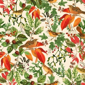 14" Fall twigs ,berries, leaves and birds, autumn fabric, colorful leaves fabric 