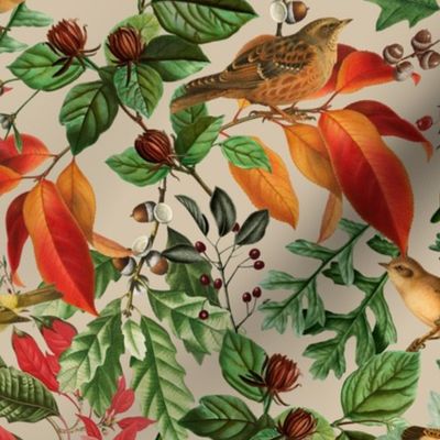 14" Fall twigs ,berries, leaves and birds, autumn fabric, 