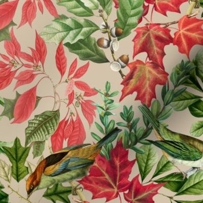 14" Fall twigs ,berries, leaves and birds, autumn fabric, vintage birds fabric