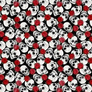 (3/4" scale) skulls and roses - halloween skeletons - red on black - C22