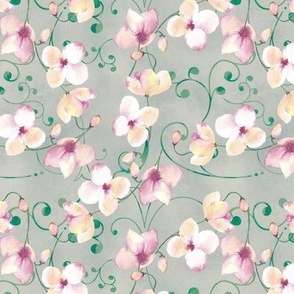 swirly orchids pink and green on gray