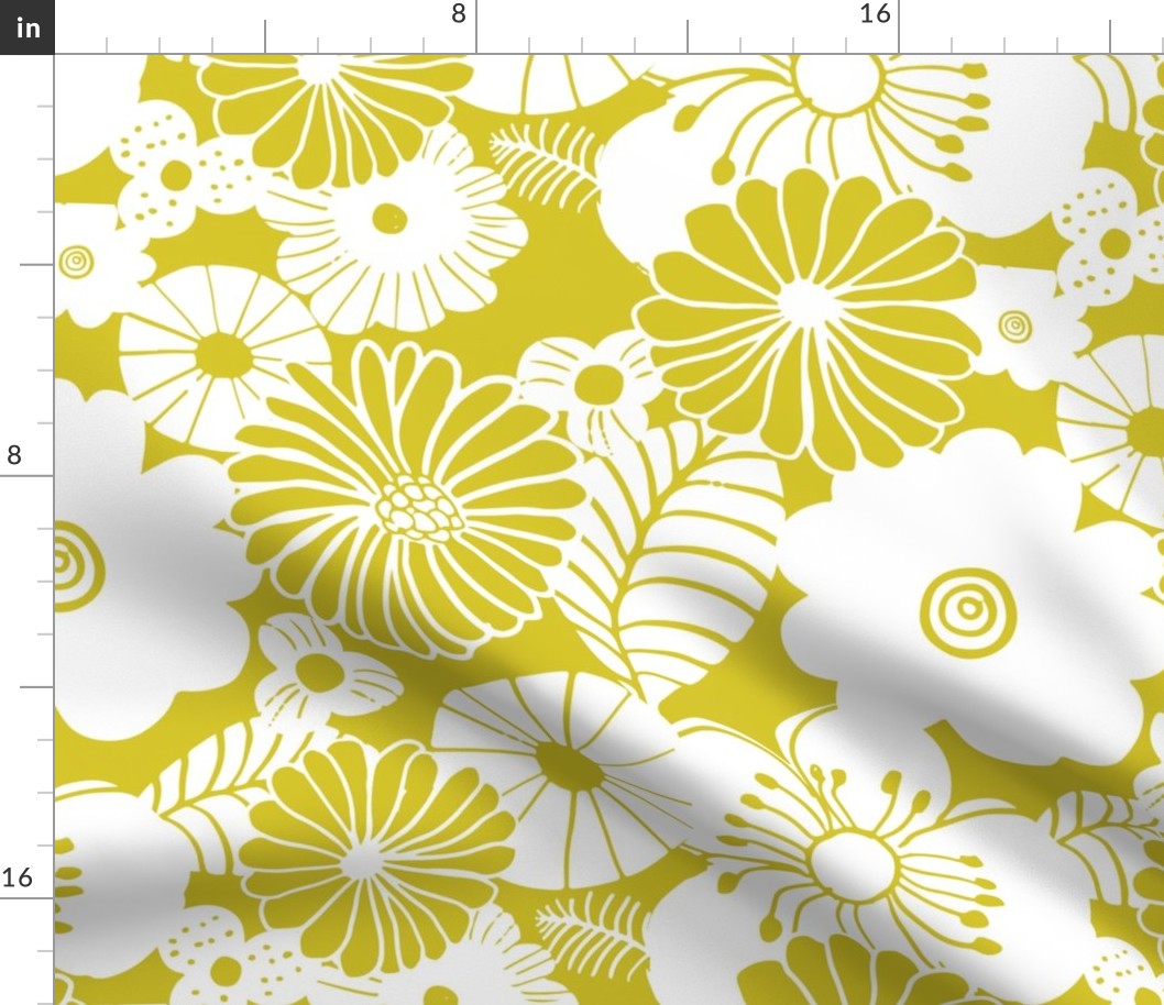 Retro Floral Drawings in Chartreuse Yellow